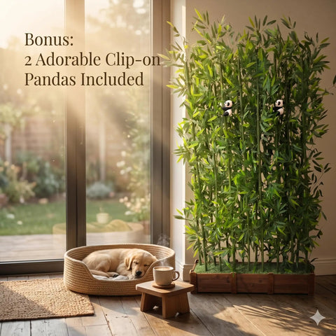 Ultra Private Bamboo Privacy Screen With Solid Wood Base Thick Faux Stalks And Panda Decor UV Resistant Tall Fake Plant For Indoor Outdoor Use Dense Green Leaves Patio Divider Or Yard Fence 6Ft Tall near window with dog sleeping in basket