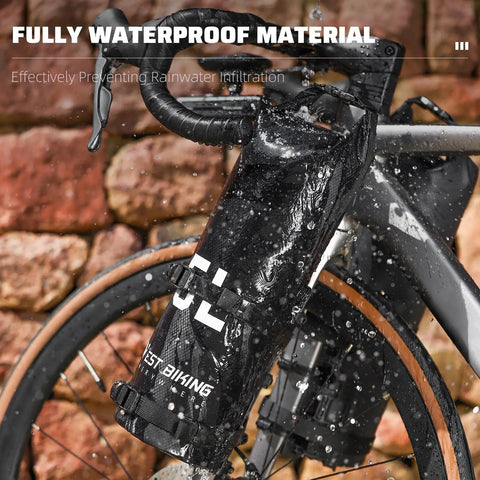 5L Waterproof Bike Fork Bag For Mountain And Road Bikes Front Pannier Dry Bag With Roll Top Closure attached to bike fork