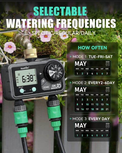 Brass Two Station Hose Timer With Large Digital Display Six Programmable Programs Per Day And Delay Start Manual And Auto Irrigation Modes mounted on a faucet with calendar options shown.