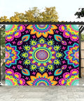 Neon Mandala UV Reactive Sun Shade Sail 6 By 8 Feet Blacklight Glow Canopy installed in garden, colorful mandala design