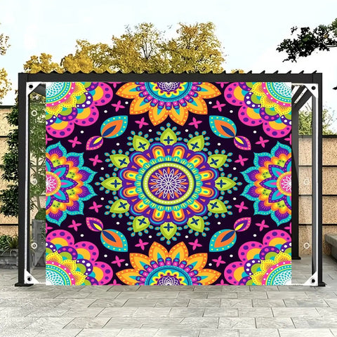 Neon Mandala UV Reactive Sun Shade Sail 6 By 8 Feet Blacklight Glow Canopy installed in garden, colorful mandala design