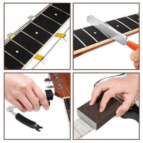 Pro Grade Guitar Setup Tool Kit For DIY Luthiers With Neck Rest Cradle, 8 Inch Fret Leveling Beam, Fret Crowning File, Fret Rocker in use