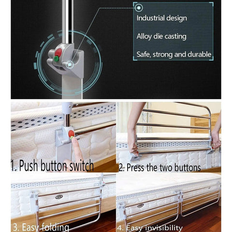 Foldaway Bed Safety Rail With Quiet Easy Grab Guard for Seniors and Adults showing button mechanism and foldable design