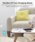 GaN 100W USB C Charging Station Hub With 6 Ports Fast Charge Wall Block, in use on a coffee table with a smartphone and tablet charging