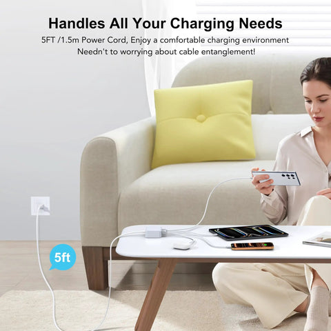 GaN 100W USB C Charging Station Hub With 6 Ports Fast Charge Wall Block, in use on a coffee table with a smartphone and tablet charging