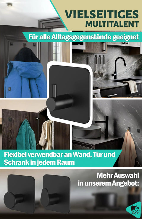 Top Shelf Black Self Adhesive Towel Hooks 6 Pack Stainless Steel Bathroom Wall Mount displayed with coats and kitchen use.