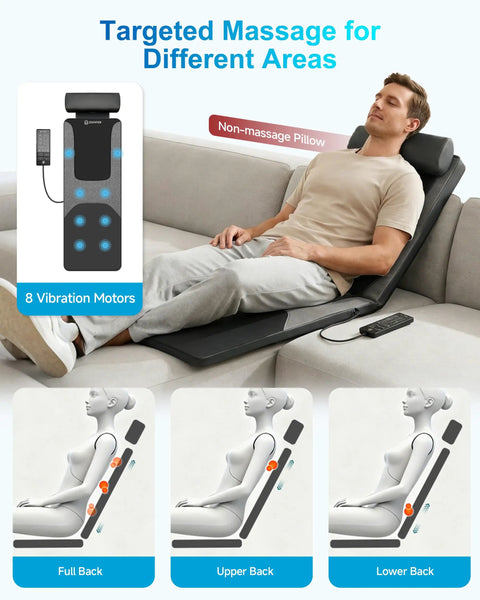 Man using Full Body Massage Mat With Heat And Shiatsu Kneading For Deep Tissue Back Pain Relief on sofa with 8 vibration motors.