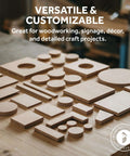 Baltic birch plywood craft wood assortment: circles, squares, and rectangles on a workbench; Woodpeckers logo visible.