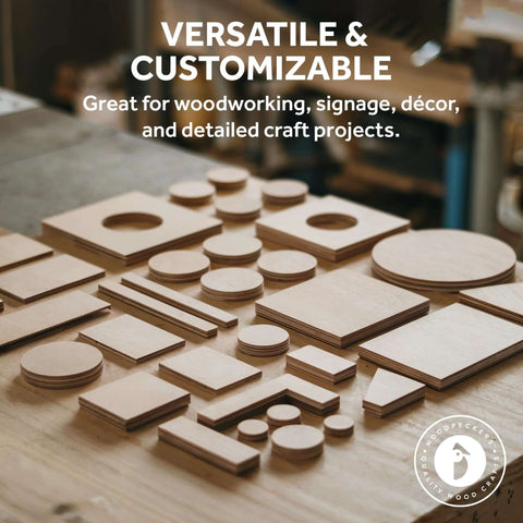 Baltic birch plywood craft wood assortment: circles, squares, and rectangles on a workbench; Woodpeckers logo visible.