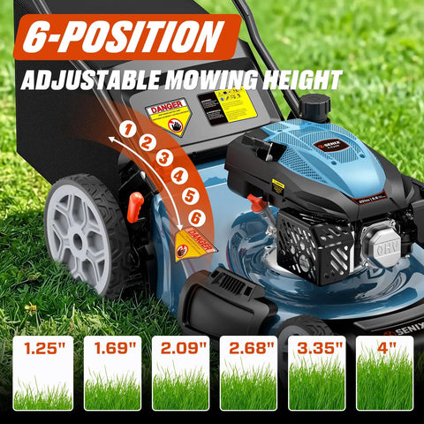 Workhorse 201cc Gas Lawn Mower With 3 In 1 Cutting System Side Discharge Mulching And Bagging Self Propelled Rear Wheel Drive Six Position Height Adjustment For Lawn And Garden, 6-height settings