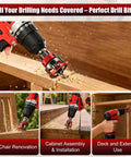 Top Shelf Nine Piece Countersink Drill Bit Set With Five Killer HSS Sizes And Adjustable Depth Stop Collar Plus Wrench For Dead On Screw Pilot Holes In Softwood Hardwood MDF, showing drill in action on wood.
