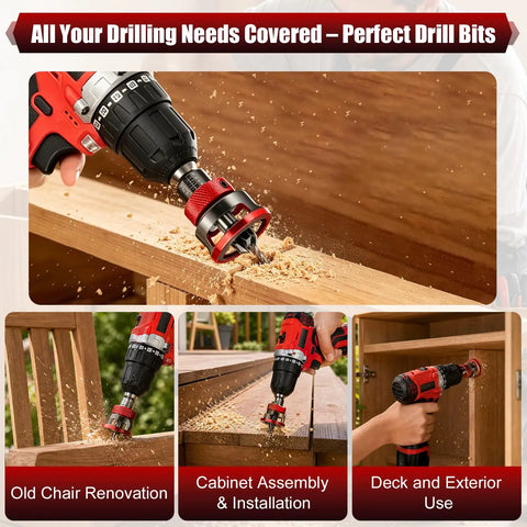 Top Shelf Nine Piece Countersink Drill Bit Set With Five Killer HSS Sizes And Adjustable Depth Stop Collar Plus Wrench For Dead On Screw Pilot Holes In Softwood Hardwood MDF, showing drill in action on wood.