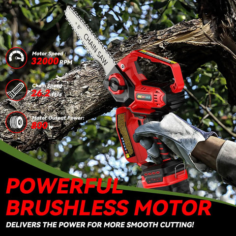 Powerful Mini Chainsaw Kit 8-Inch And 6-Inch 2-In-1 Cordless Electric Chainsaw cutting branch with brushless motor and specs overlay