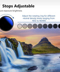 67mm Variable ND Filter ND2-ND400 1-9 Stops Dope For Cinematic Shots displaying adjustable density levels with waterfall scene