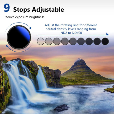 67mm Variable ND Filter ND2-ND400 1-9 Stops Dope For Cinematic Shots displaying adjustable density levels with waterfall scene