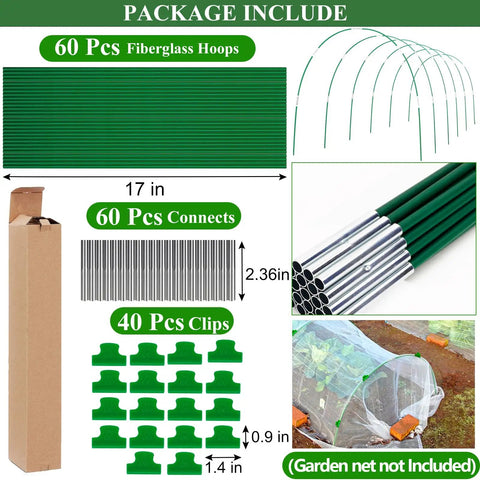 60 Pcs Greenhouse Hoops For Raised Beds Netting Kit Build Your Own Grow Tunnel With 8ft Rust Free Fiberglass Garden Hoops And 40 Clips Great For Indoor And Outdoor Use Protects Seedlings Herbs Flowers And Strawberries All Season Easy DIY Setup package contents including hoops, connectors, clips, and setup illustration.