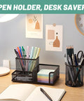 Four Pack Mesh Metal Pen Cup Desk Organizer Set With Two Three Compartment Pencil Holders And Two Round Holders in use on desk