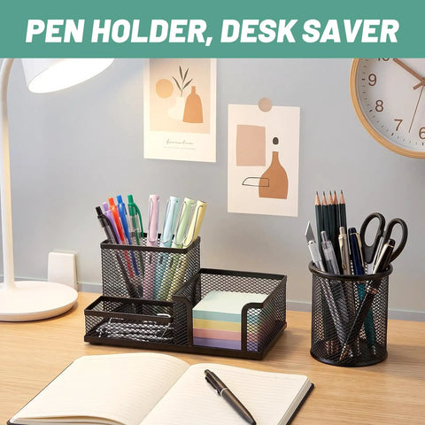 Four Pack Mesh Metal Pen Cup Desk Organizer Set With Two Three Compartment Pencil Holders And Two Round Holders in use on desk
