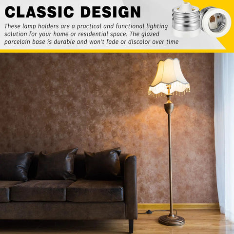 Ten Pack Top Shelf Ceramic Mogul E39 To E26 Socket Converter Adapts Heavy Duty Floodlight Fixtures To Standard Medium Lamp Bases Handles Six Hundred Watts Without Breaking A Sweat For Backyard Or Workshop Lighting with a floor lamp and sofa in a cozy setting.