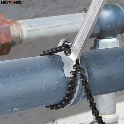 24 Inch Chain Wrench With 6.3 Inch Pipe Capacity Heavy Duty Chromium Vanadium Steel gripping a pipe for maintenance