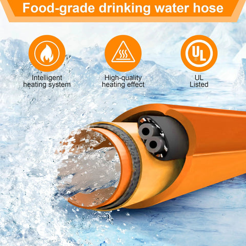 Ficstar 20ft heated drinking water hose for RV, orange, 5/8 in ID with 3/4 in GHT adapter, self-regulating