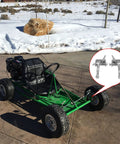 Green go kart equipped with Go Kart Steering Spindle Bracket Set With Five Eighths Inch Axle, 3.75 Inch Long, Beefed Up Spindle Kit
