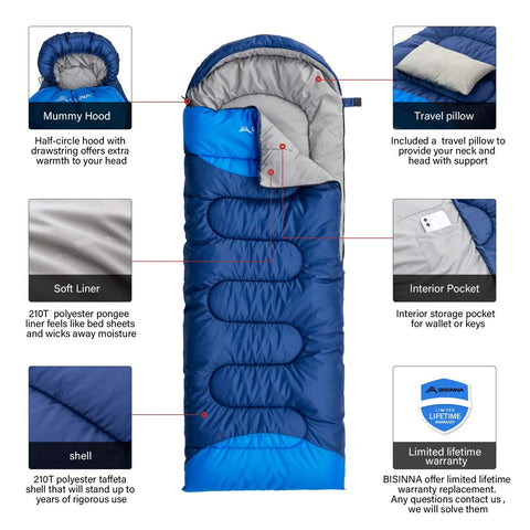 4 Season Sleeping Bag With Pillow For Camping And Backpacking, Lightweight And Cozy Yet Warm, Waterproof And Washable features