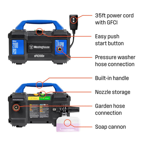 Powerhouse Electric Pressure Washer With 2100 Max PSI And 1.76 Max GPM Lightweight 18 Lb With Built In Carry Handle Detachable Foam Cannon