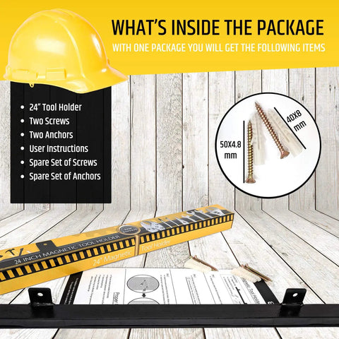 24 Inch Heavy Duty Magnetic Tool Holder packaging contents including screws, anchors, and user instructions.