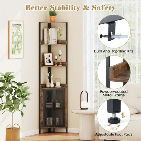 Industrial 4 Tier Corner Shelf With Cabinet Doors And Metal Frame Freestanding Brown Bookcase For Living Room Bedroom And Kitchen Space Saving 32 By 32 By 170 Cm shown with plants and lamps