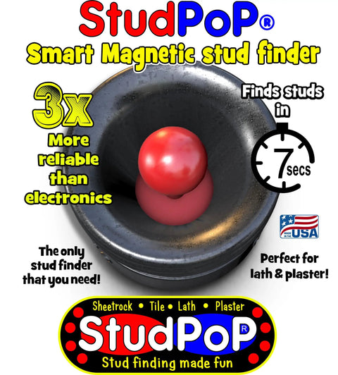 Magnetic Stud Finder No Batteries No Calibration showing red visual indicator and efficiency claims on colorful packaging background.