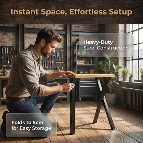 Man adjusting Folding Metal Table Legs With Self Locking Triangle Support For Cabinets And Dorm Rooms Heavy Duty Steel Tubing
