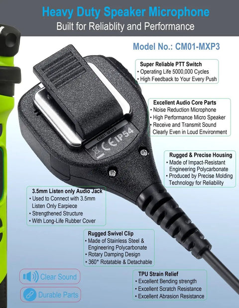 Speaker Microphone For Motorola XPR 3300 And XPR 3500 Series Radios With Noise Reduction, shoulder-mounted with rugged housing.