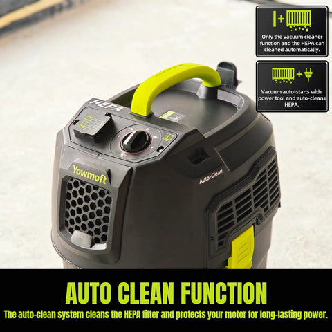 8 Gallon Dust Extractor With Auto HEPA Clean And Remote Control For Woodworking 150 CFM Airflow Power Tool Connector Dust Collector showcasing auto clean function in workshop setting.