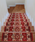 Stairs with Non Slip Stair Treads Set Of 13 Oriental Peel And Stick Alfombras In Bold Red, 8x30 Inches on wood floors.