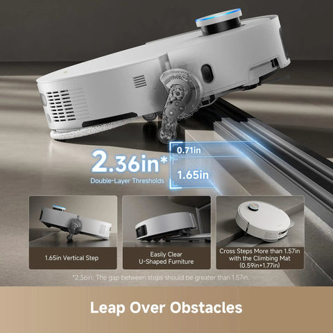 Beast Mode 20,000 Pa Suction Robot Vacuum clearing 2.36-inch obstacle with detail of climbing mechanism