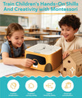 Kids Safe Cardboard Cutter Tool For DIY Projects And STEM Craft, two children playing with cutter and cardboard toy.