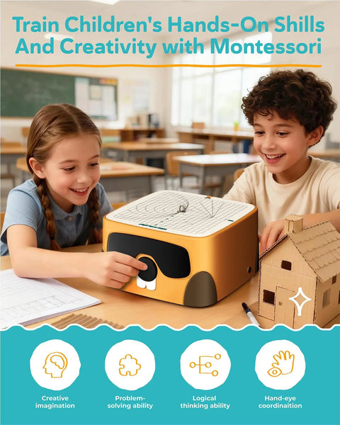 Kids Safe Cardboard Cutter Tool For DIY Projects And STEM Craft, two children playing with cutter and cardboard toy.