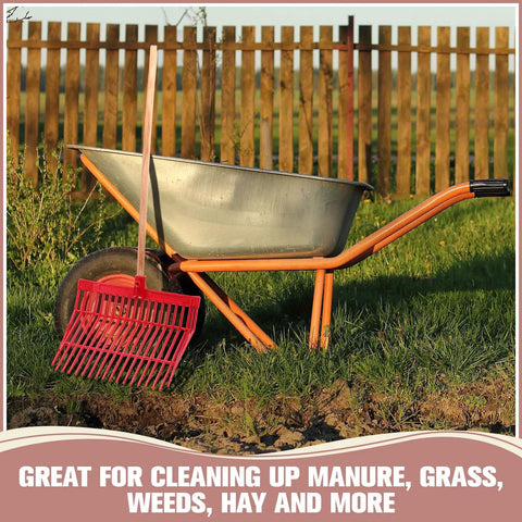 Replacement 18 Tine Manure Fork Head Set With Screws And Nuts Red Pitchfork Head resting against wheelbarrow in grass.