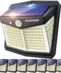 Outdoor Solar Motion Lights 128 LEDs 8 Pack, 270 Degree Wide Angle, Wireless IP65 Waterproof Wall And Deck Lights, main light and pack visible