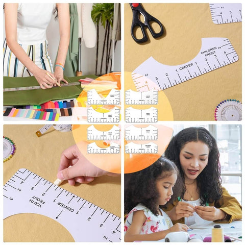 T Shirt Alignment Tool Set, Handy Vinyl Heat Press Kit With Eight Rulers, Soft Measuring Tape, Forty Color Pins, And Front Back Ruler Design For Round And V Neck Cuts, PVC Vinyl Heat Press Accessories For Adult, Youth, And Children in use