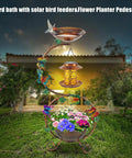 All In One Metal Bird Bath With Flower Planter Pedestal And Solar Bird Feeder For Outdoor Gardens Sturdy Rust Proof Stand