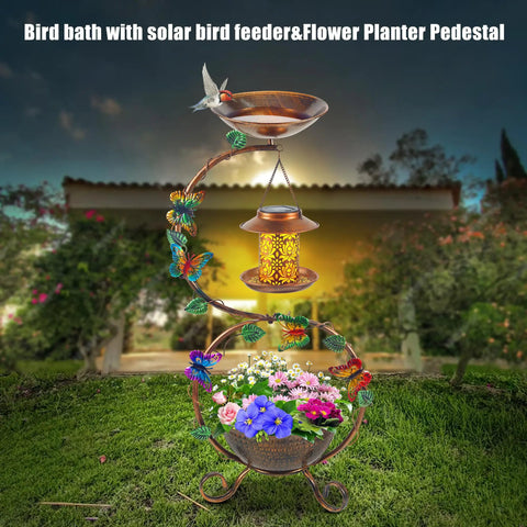 All In One Metal Bird Bath With Flower Planter Pedestal And Solar Bird Feeder For Outdoor Gardens Sturdy Rust Proof Stand