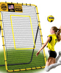 Volleyball Rebounder Net 7x4 Ft With Five Angle Adjustments for Outdoor or Backyard Training with player, ball, and frame