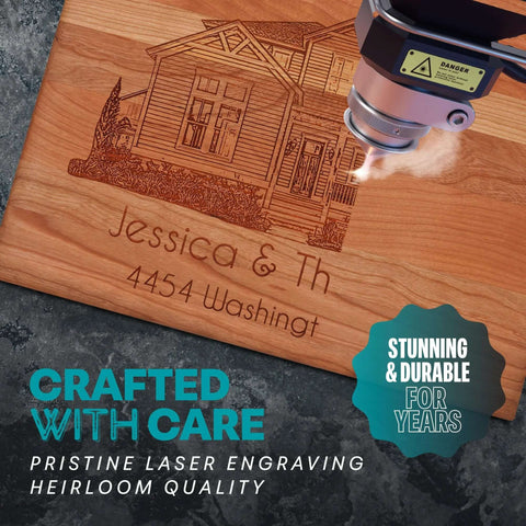 Front view of a wooden cutting board with laser-engraved house illustration and personalized names
