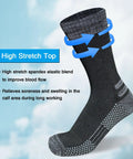 Men's Crew Work Boot Socks With Thick Cushioned Padding, highlighted stretch top, durability details, sky background.