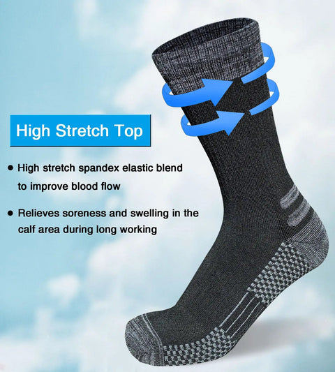 Men's Crew Work Boot Socks With Thick Cushioned Padding, highlighted stretch top, durability details, sky background.