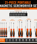 Premium 21-Piece Magnetic Screwdriver Kit With CRV Steel Bits For Torx Phillips Slotted Fastening. Full-Size Precision Drivers Plus Rack Perfect For Tech Repair Furniture Assembly And Tough Household DIY Gigs. size chart with 21 screwdrivers, 10 magnetic bits, and rack