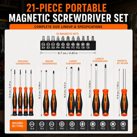 Premium 21-Piece Magnetic Screwdriver Kit With CRV Steel Bits For Torx Phillips Slotted Fastening. Full-Size Precision Drivers Plus Rack Perfect For Tech Repair Furniture Assembly And Tough Household DIY Gigs. size chart with 21 screwdrivers, 10 magnetic bits, and rack