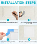 Installation steps for Five X Five Inch Self Adhesive Drywall Access Panel Smooth Peel And Stick Finish, showing marking and cutting process.